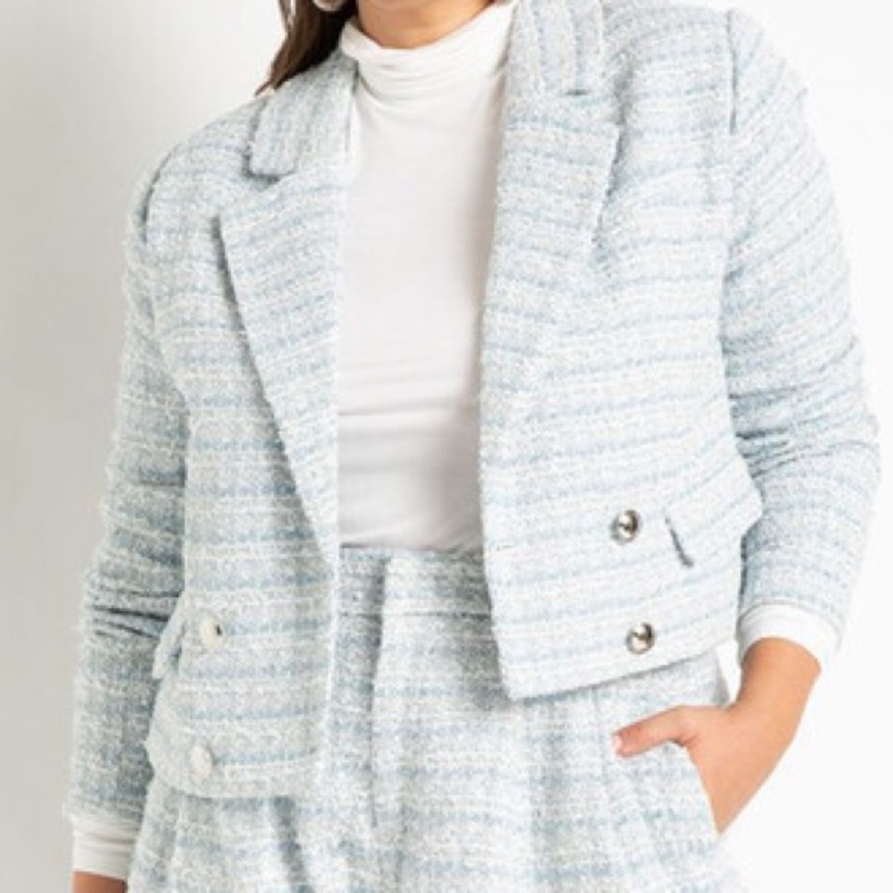 Eloquii Blue Marble Tweed Cropped Double Button Blazer
